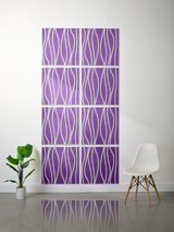 Eight purple tiles with white wavy engraved lines arranged in a 2x4 grid on white wall.