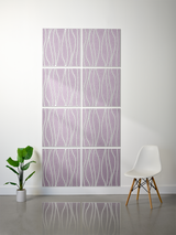 Eight purple tiles with white wavy vertical line engravings arranged in a 2x4 grid on a wall.
