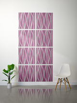 Eight purple tiles with white wavy line engraving arranged in a 2x4 grid on a wall.