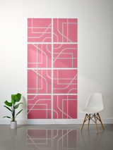 Eight pink tiles with white engraved geometric lines and curved patterns arranged in a 2x4 grid on wall.