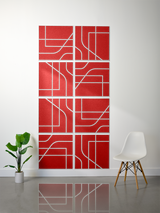 Eight red tiles with white engraved linear and curved patterns arranged in a 2x4 grid display.