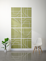 Eight olive green square tiles with white engraved linear and curved pattern design forming a cohesive subway-style layout.