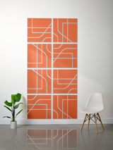 Eight orange tiles with white engraved geometric line patterns arranged in a 2x4 grid.
