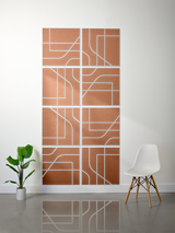 Eight terracotta tiles with white engraved linear and curved patterns arranged in a 2x4 grid display.