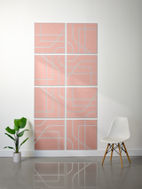Eight pink subway tiles with white grout lines and blue curved engraved patterns arranged in a 2x4 grid.