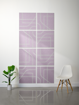 Eight purple square tiles with white engraved geometric lines and curved patterns arranged in a 2x4 grid wall display.