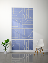 Eight blue tiles with engraved gold geometric lines arranged in a 2x4 grid pattern.
