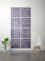 Eight purple tiles with white engraved geometric lines and curved patterns arranged in a 2x4 grid on a wall.
