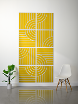 Eight yellow tiles with white vertical lines and curved geometric patterns arranged in a 2x4 grid.