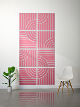 Pink tiles with white engraved vertical lines and curved arc patterns arranged in an eight-piece modular grid.