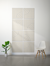 Eight cream tiles with engraved vertical lines and curved arc patterns arranged in a 4x2 grid.