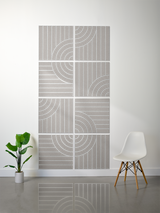 Eight gray tiles with white engraved vertical lines and curved concentric arc patterns arranged in a 4x2 grid configuration.