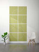 Eight olive green tiles with white engraved lines and curved geometric patterns arranged in a 4x2 grid.