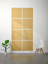 Eight yellow tiles with white engraved vertical lines and curved arc patterns arranged in a 2x4 grid.