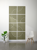 Eight olive green tiles with white engraved vertical lines and curved geometric patterns arranged in a grid layout.
