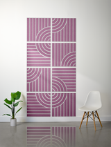 Eight purple tiles with white engraved vertical lines and curved arc patterns arranged in a 2x4 grid.