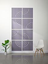 Eight purple tiles with white engraved vertical lines and concentric arc patterns forming a geometric composition.