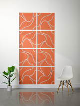 Eight square terracotta tiles with white engraved topographic contour line patterns arranged in a 2x4 grid.