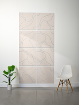 Eight square cream tiles with blue topographic line engravings arranged in a 2x4 grid wall display.