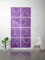 Eight purple tiles with cream-colored engraved topographic contour lines arranged in a 2x4 grid wall display.