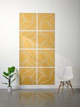 Eight gold tiles with white engraved topographic line patterns arranged in a 2x4 grid.