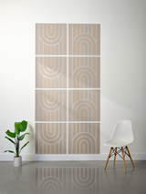 Eight beige tiles with white engraved vertical lines and concentric arch patterns arranged in a 2x4 grid.