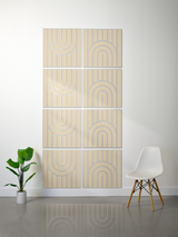 Eight square tiles with vertical striped pattern and engraved arch designs in alternating orientations.
