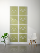 Eight sage green tiles with white engraved vertical lines and geometric arch patterns arranged in a grid.