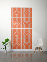 Eight orange tiles with white vertical stripes and engraved arch patterns arranged in a 2x4 grid.