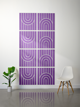 Eight purple tiles with white engraved concentric arch and vertical line patterns arranged in a 2x4 grid.