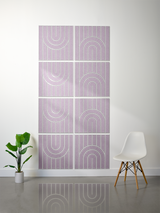 Eight lavender tiles with white engraved geometric arch and line patterns arranged in a 2x4 grid.