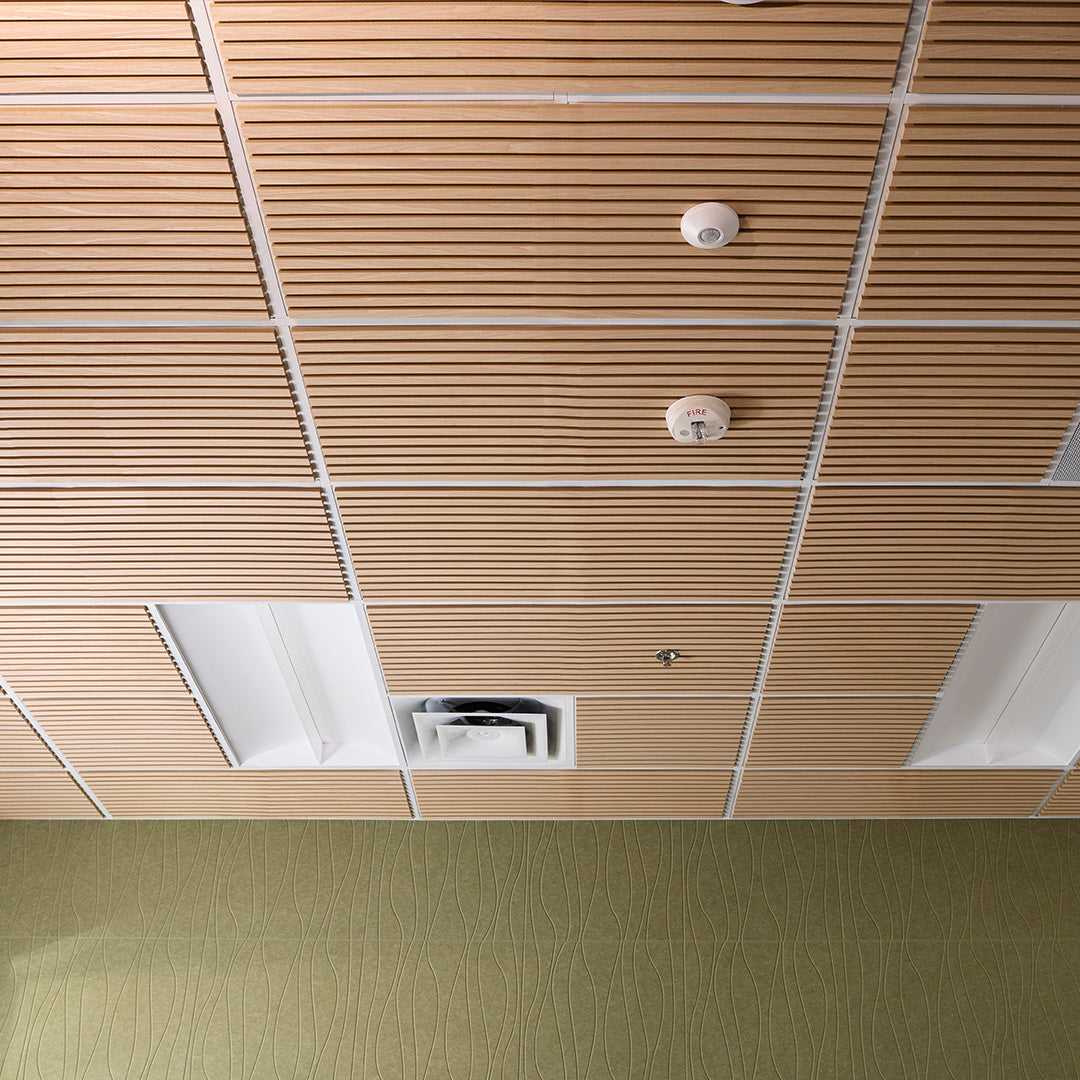 Ceiling with wooden paneling and fire alarm system