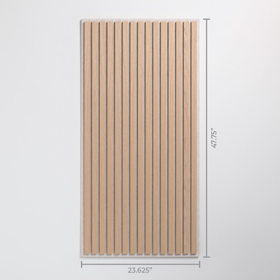 Wooden panel with vertical slats and dimensions on a white background