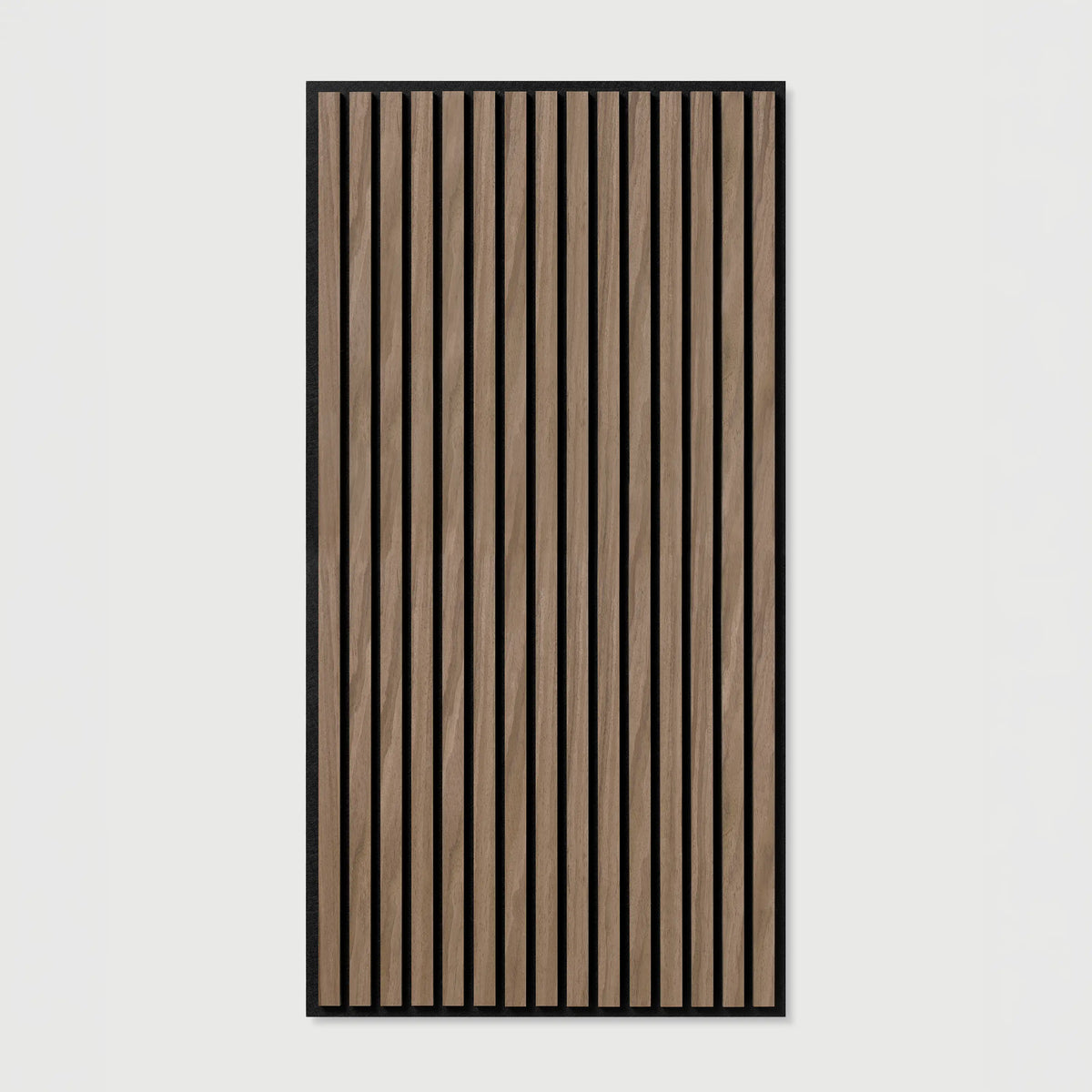 Flat lay image of 2'x4' wood slat ceiling tiles in Walnut and black