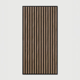 Flat lay image of 2'x4' wood slat ceiling tiles in Walnut and black