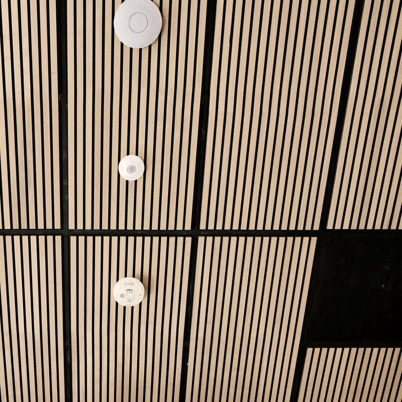 Oak and black slat 2x4 acoustic ceiling tiles
