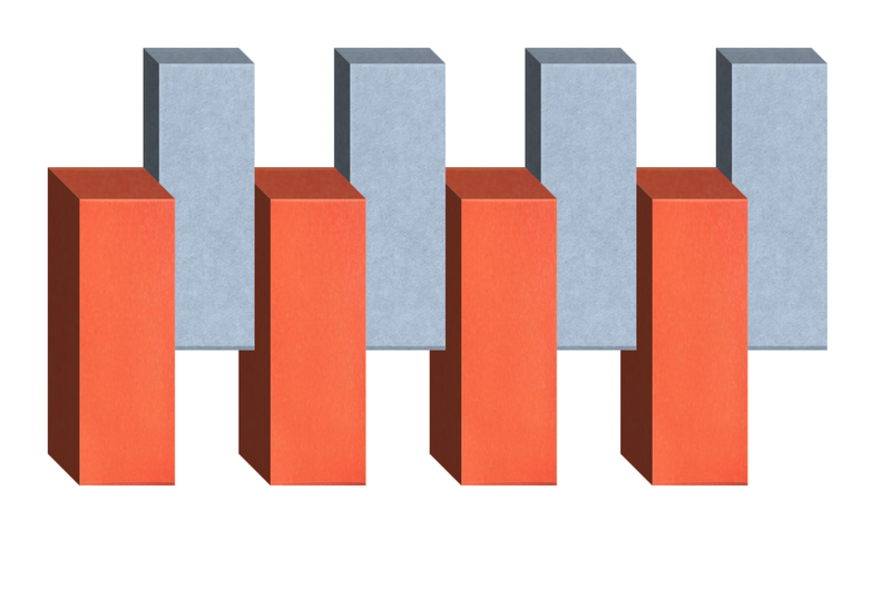 Four red rectangular prisms alternating with four light blue rectangular prisms in a 3D geometric arrangement.