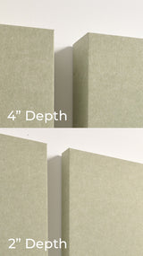 Two tan acoustic foam boxes shown from the side, displaying 4-inch and 2-inch depth options.