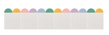 Pastel scallop border trim with alternating colored half-circle tops in green, yellow, and pink.