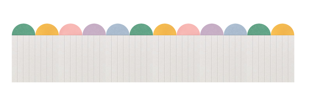 Pastel scallop border trim with alternating colored half-circle tops in green, yellow, and pink.