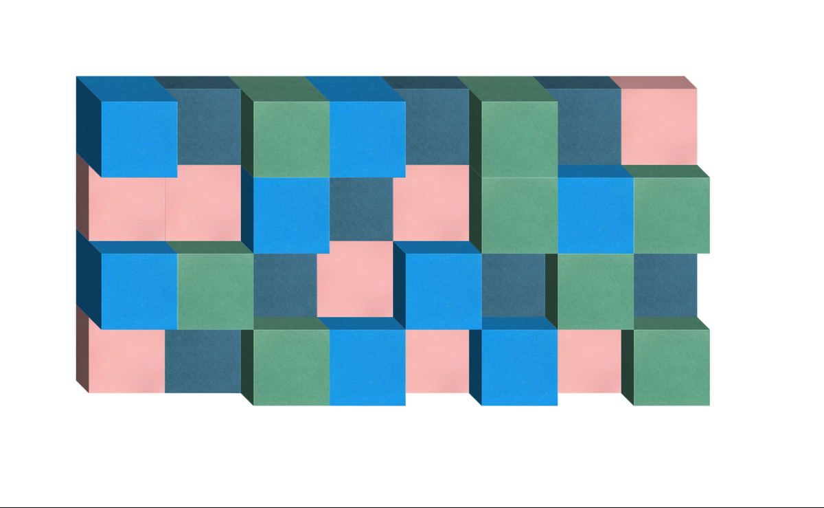 Three-dimensional abstract composition with interlocking blue, green, pink, and gray cubic blocks arranged in staggered rows.
