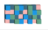 Three-dimensional abstract composition with interlocking blue, green, pink, and gray cubic blocks arranged in staggered rows.