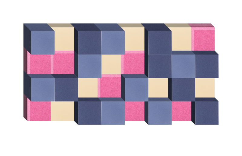 Three-dimensional cubic blocks arranged in a geometric pattern with navy, blue, cream, and pink squares.