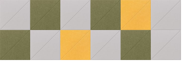 Rectangular tile pattern with alternating sage green, light gray, and golden yellow squares arranged in offset rows.