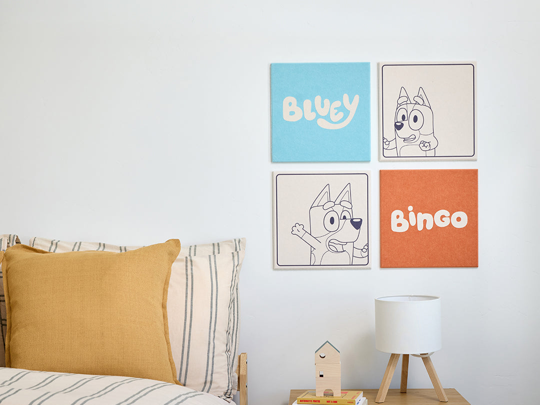 Children's room with 'Bluey' and 'Bingo' posters on the wall.