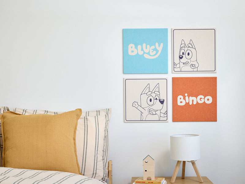 Children's room with 'Bluey' and 'Bingo' posters on the wall.