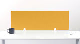 Yellow rectangular desk divider with white mounting clips, displayed on white desk surface.