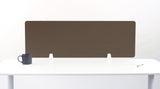Brown desk divider with white mounting brackets positioned on white desk surface.