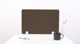 Brown quilted desk divider with grid pattern and white mounting brackets on white desk.