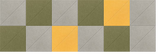 Rectangular rug with geometric pattern in olive, gray, and yellow squares arranged in offset rows.